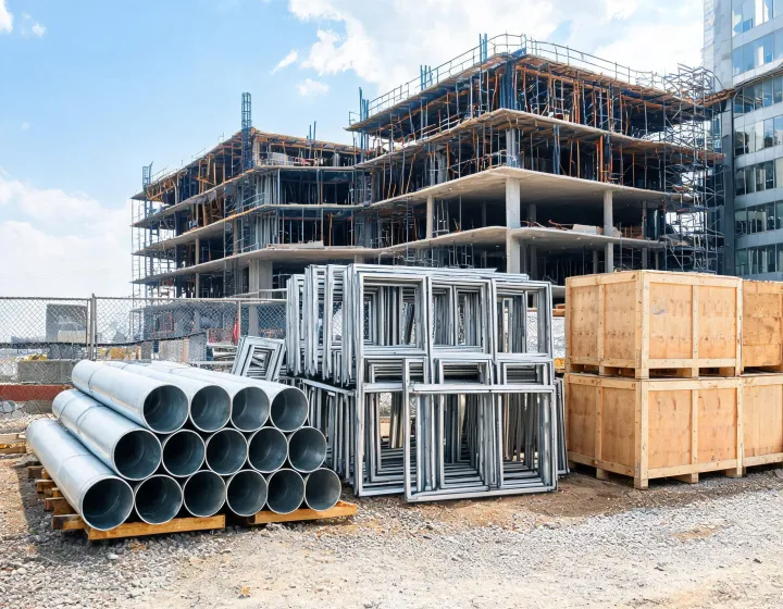 Cold-formed structural pipe and door frames staged on a commercial jobsite